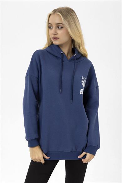 Kadın Ön Arka Baskı Detaylı Kapüşonlu Oversize Üç İplik Sweatshirt