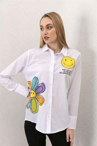 Kadın Ön Arka Baskı Detaylı Oversize Gömlek