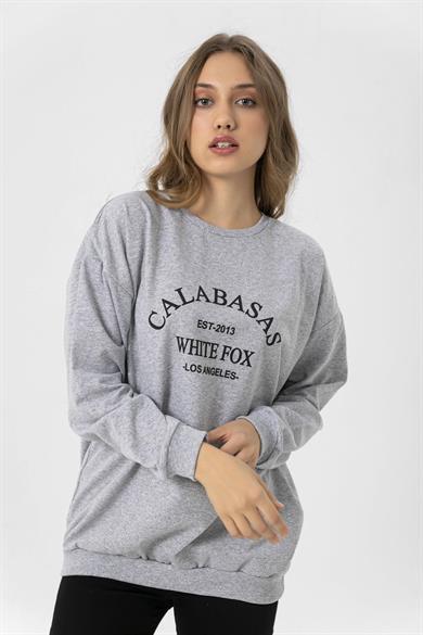 Kadın Ön Baskı Detaylı Bisiklet Yaka Oversize Sweatshirt