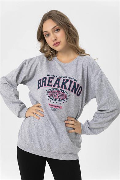 Kadın Ön Baskı Detaylı Bisiklet Yaka Oversize Sweatshirt
