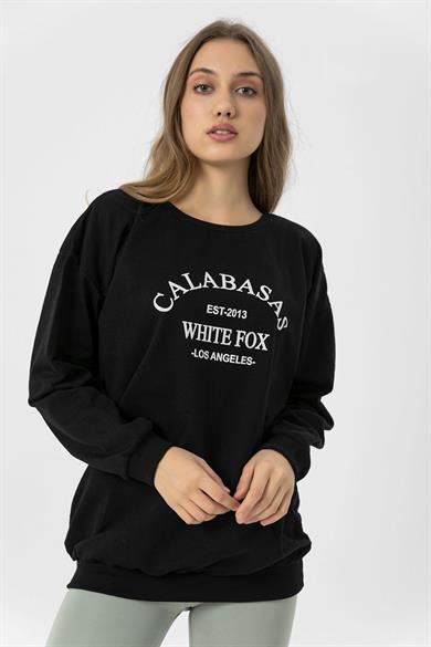 Kadın Ön Baskı Detaylı Bisiklet Yaka Oversize Sweatshirt