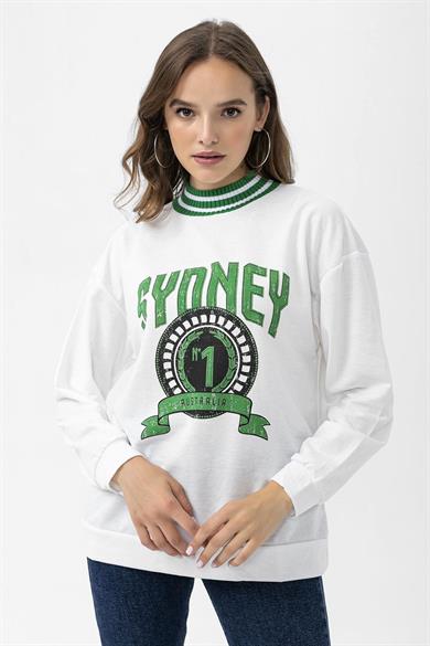 Kadın Ön Baskı Detaylı Yaka Ribanalı Oversize Kolej Sweatshirt