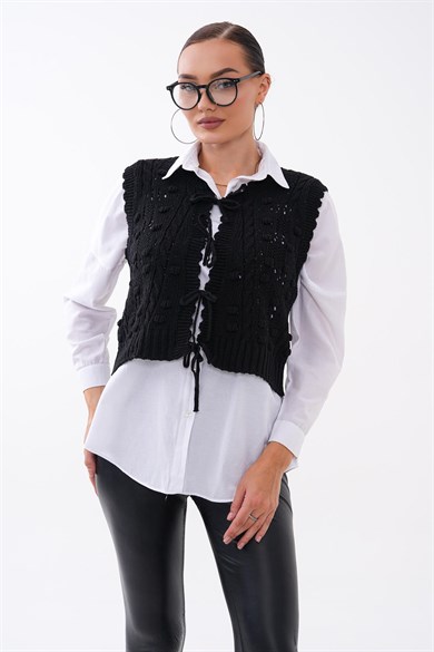 Kadın Önden Bağlama Detaylı Triko Örme Yelek 260495 - 265215
