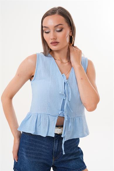 Kadın Önü Bağcık Detaylı Müslin Bluz 250606 -