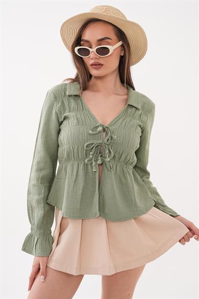 Kadın Önü Bağcık Detaylı Yakalı Müslin Bluz 260042 -