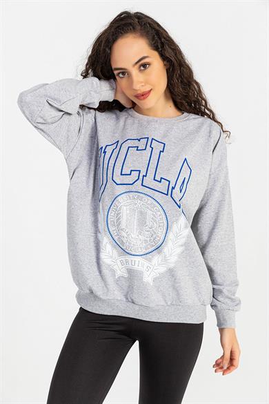 Kadın Önü Baskı Detaylı Bisiklet Yaka Sweatshirt