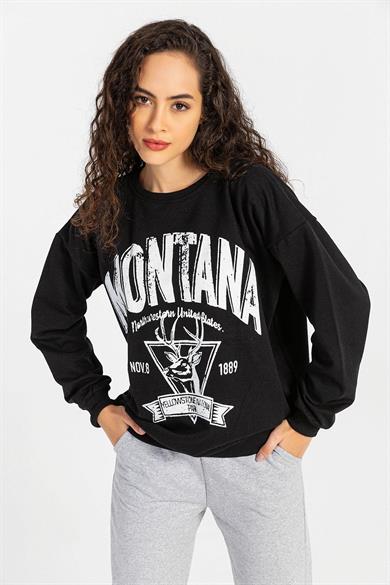 Kadın Önü Baskı Detaylı Bisiklet Yaka Sweatshirt