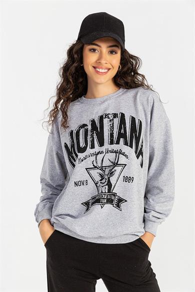 Kadın Önü Baskı Detaylı Bisiklet Yaka Sweatshirt