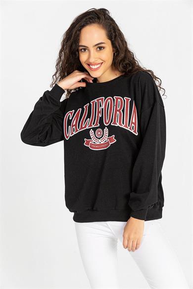 Kadın Önü Baskı Detaylı Bisiklet Yaka Sweatshirt