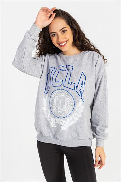 Kadın Önü Baskı Detaylı Bisiklet Yaka Sweatshirt