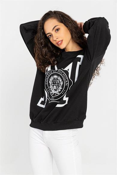 Kadın Önü Baskı Detaylı Bisiklet Yaka Sweatshirt