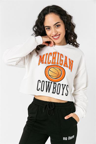 Kadın Önü Baskı Detaylı Kapüşonlu Kısa Sweatshirt