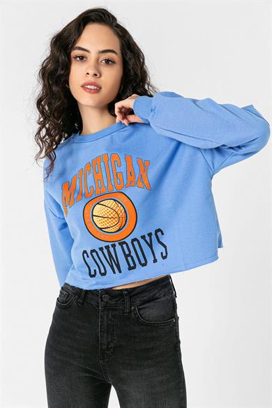 Kadın Önü Baskı Detaylı Kapüşonlu Kısa Sweatshirt