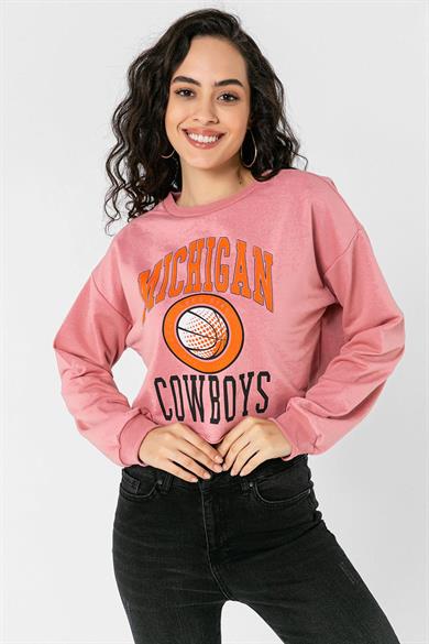 Kadın Önü Baskı Detaylı Kapüşonlu Kısa Sweatshirt