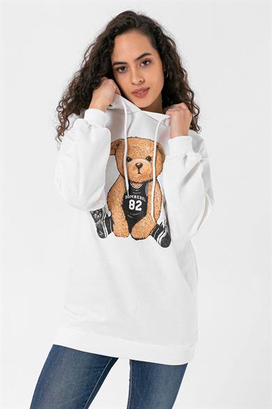 Kadın Önü Baskı Detaylı Kapüşonlu Sweatshirt