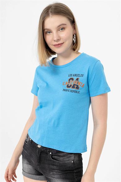 Kadın Önü Baskı Detaylı Kısa Tişört