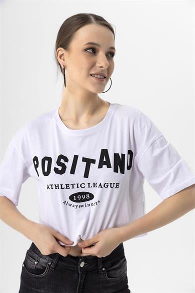 Kadın Önü Baskı Detaylı Oversize Kısa Tişört
