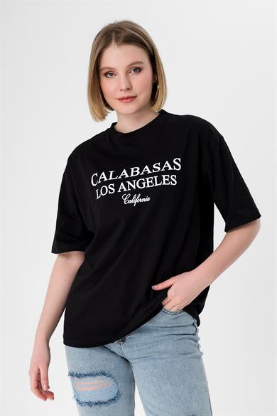 Kadın Önü Baskı Detaylı Oversize Tişört