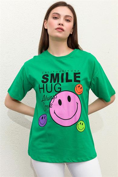 Kadın Önü Baskı Detaylı Oversize Tişört