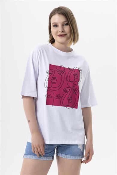 Kadın Önü Baskı Detaylı Oversize Tişört 240256 -