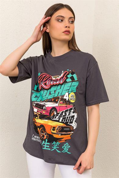 Kadın Önü Baskı Detaylı Oversize Tişört