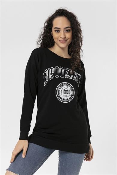 Kadın Önü Baskı Yanı Yırtmaç Detaylı Bisiklet Yaka Sweatshirt
