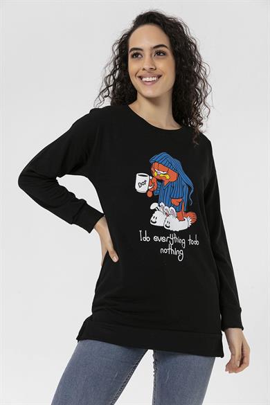 Kadın Önü Baskı Yanı Yırtmaç Detaylı Bisiklet Yaka Sweatshirt