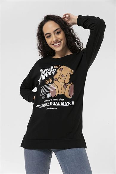 Kadın Önü Baskı Yanı Yırtmaç Detaylı Bisiklet Yaka Sweatshirt