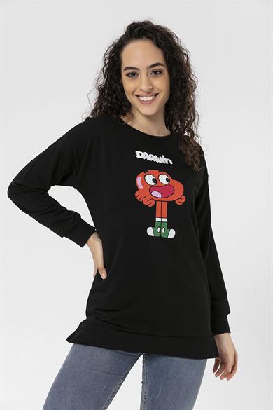Kadın Önü Baskı Yanı Yırtmaç Detaylı Bisiklet Yaka Sweatshirt