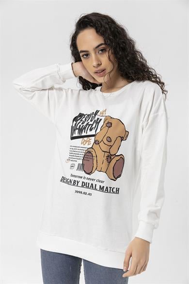 Kadın Önü Baskı Yanı Yırtmaç Detaylı Bisiklet Yaka Sweatshirt