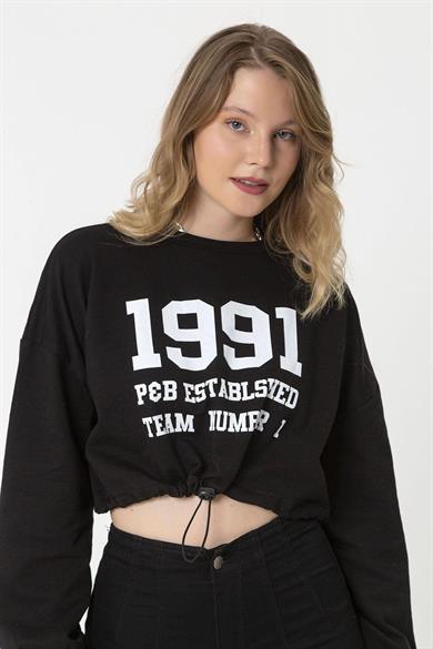 Kadın Önü Baskılı Beli Büzgülü Sweatshirt