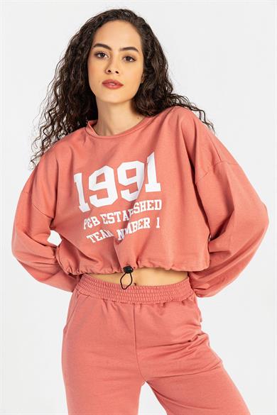 Kadın Önü Baskılı Beli Büzgülü Sweatshirt