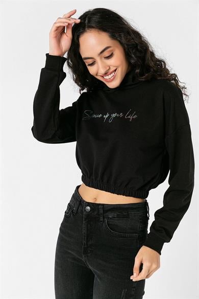 Kadın Önü Baskılı Beli Lastikli Kapüşonlu Kısa Sweatshirt