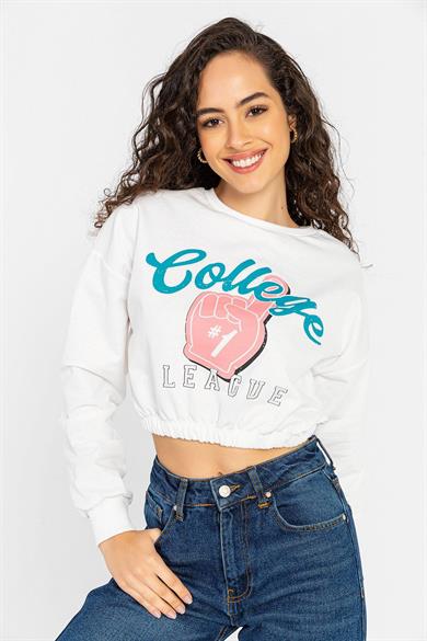 Kadın Önü Baskılı Beli Lastikli Kısa Sweatshirt