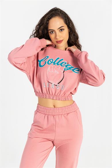 Kadın Önü Baskılı Beli Lastikli Kısa Sweatshirt