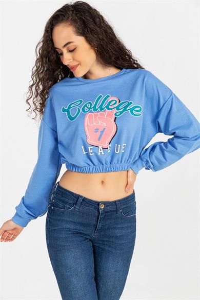 Kadın Önü Baskılı Beli Lastikli Kısa Sweatshirt