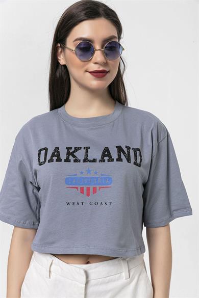 Kadın Önü Baskılı Bisiklet Yaka Kısa Oversize T-Shirt