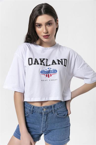 Kadın Önü Baskılı Bisiklet Yaka Kısa Oversize T-Shirt