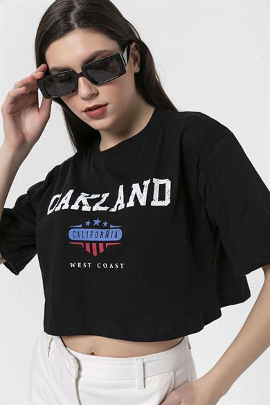 Kadın Önü Baskılı Bisiklet Yaka Kısa Oversize T-Shirt