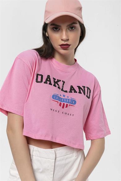 Kadın Önü Baskılı Bisiklet Yaka Kısa Oversize T-Shirt