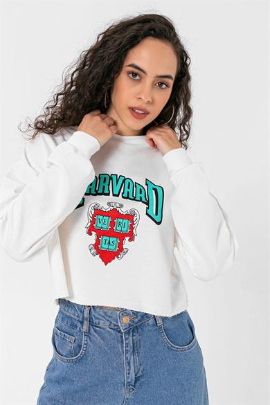 Kadın Önü Baskılı Bisiklet Yaka Lazer Kesim Kısa Sweatshirt