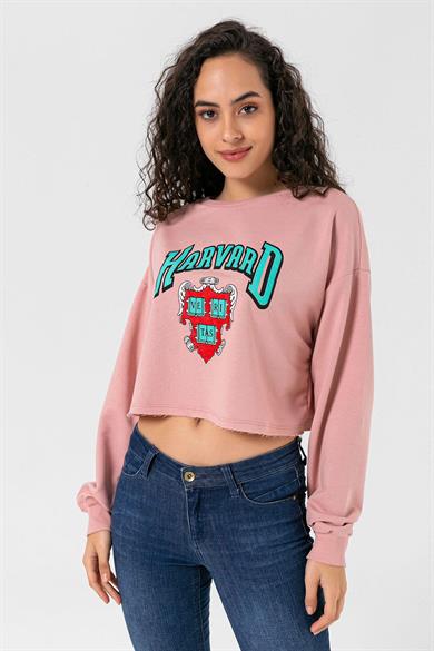 Kadın Önü Baskılı Bisiklet Yaka Lazer Kesim Kısa Sweatshirt