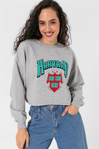 Kadın Önü Baskılı Bisiklet Yaka Lazer Kesim Kısa Sweatshirt