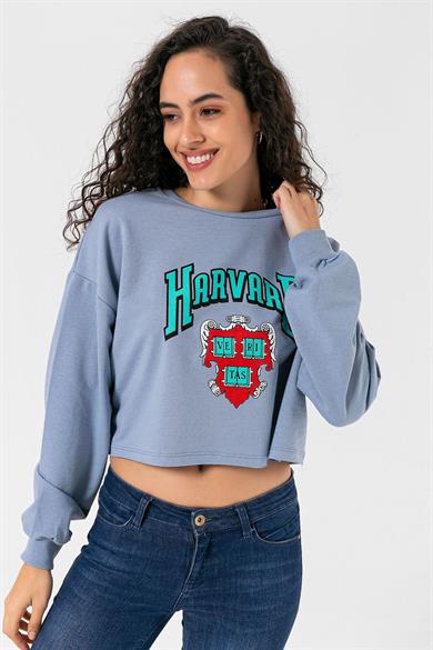Kadın Önü Baskılı Bisiklet Yaka Lazer Kesim Kısa Sweatshirt