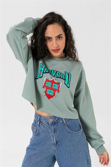 Kadın Önü Baskılı Bisiklet Yaka Lazer Kesim Kısa Sweatshirt
