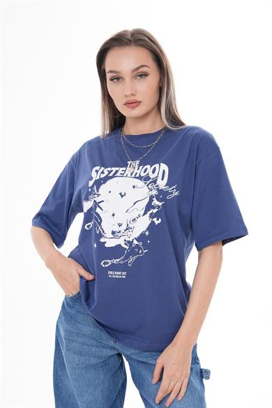 Kadın Önü Baskılı Bisiklet Yaka Oversize Tişört 260384 -