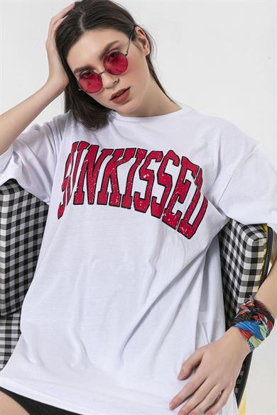 Kadın Önü Baskılı Bisiklet Yaka Oversize T-Shirt