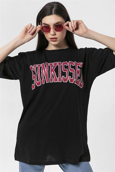 Kadın Önü Baskılı Bisiklet Yaka Oversize T-Shirt