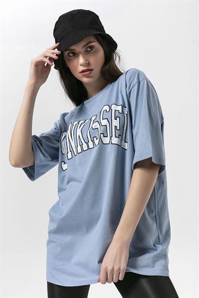 Kadın Önü Baskılı Bisiklet Yaka Oversize T-Shirt