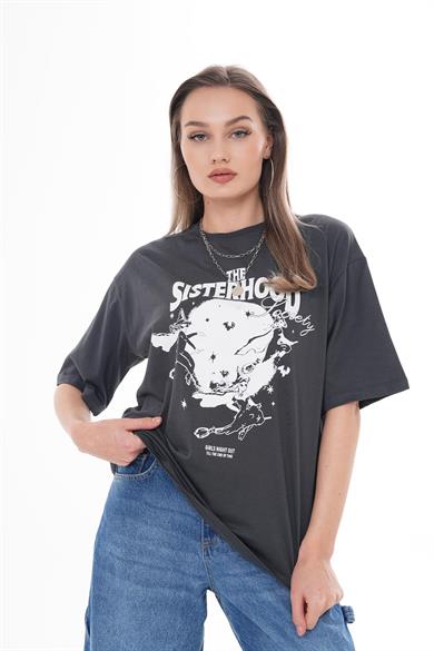 Kadın Önü Baskılı Bisiklet Yaka Oversize Tişört 260384 -